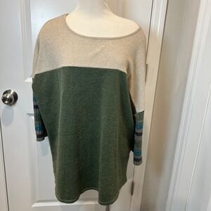 CURE 3XL Colorblock Ribbed Knit Dolman Sleeve Top Green Beige Striped Buttons